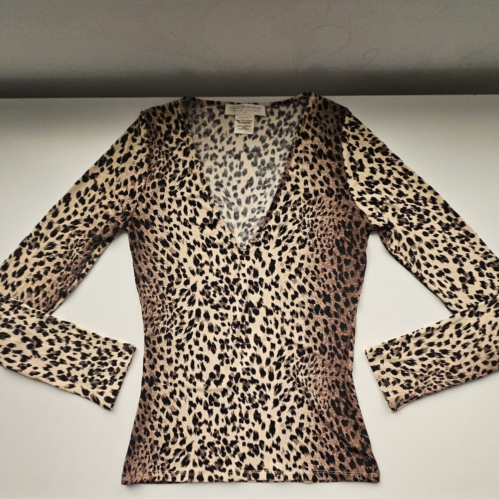Colette Dinnigan Vintage Brown Animal Print Long Sleeve V-Neck Fitted Top